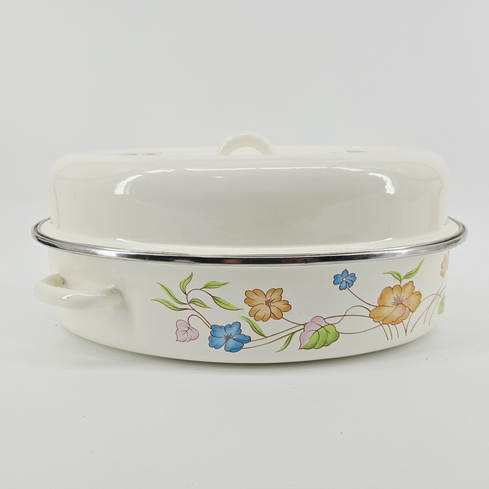 Vintage Enamelware Roaster Pan Pink Blue Floral Flower Design Roasting with Lid